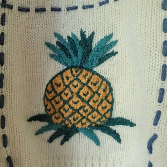 Vintage Northern Isles Hand Embroidered Knit Sweater Cream M - Picture 3 of 12